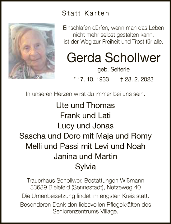 Traueranzeige von Gerda Schollwer von Neue Westfälische
