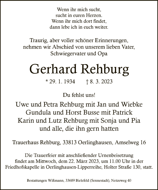 Traueranzeige von Gerhard Rehburg von Neue Westfälische