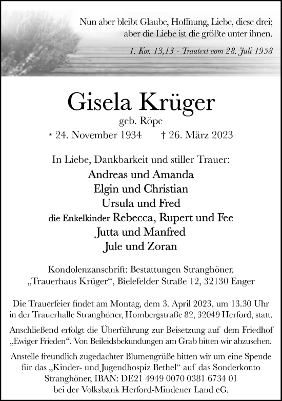 Traueranzeige von Gisela Krüger von Neue Westfälische