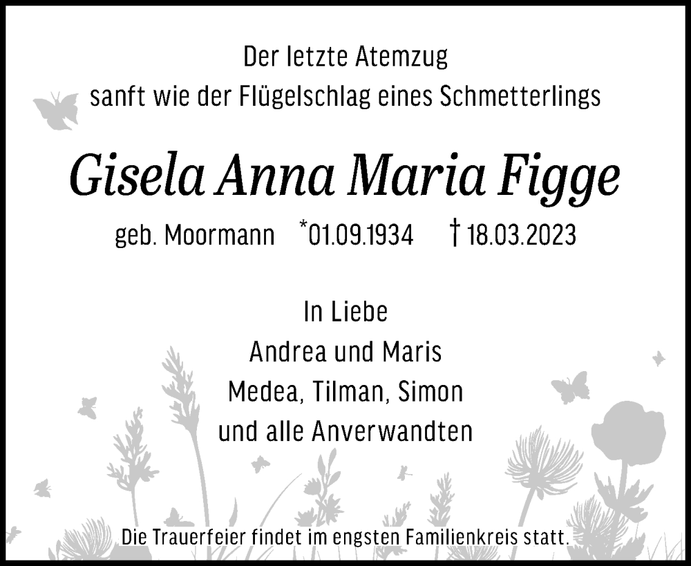  Traueranzeige für Gisela Anna Maria Figge vom 25.03.2023 aus Neue Westfälische