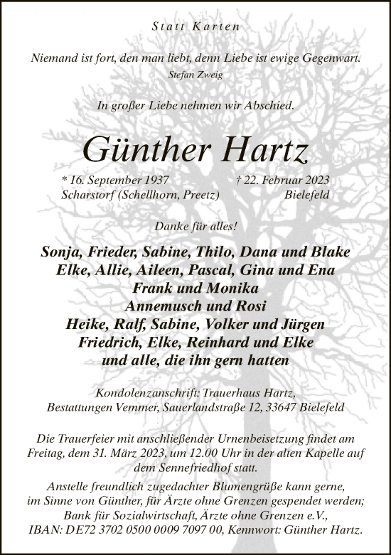 Traueranzeige von Günther Hartz von Neue Westfälische