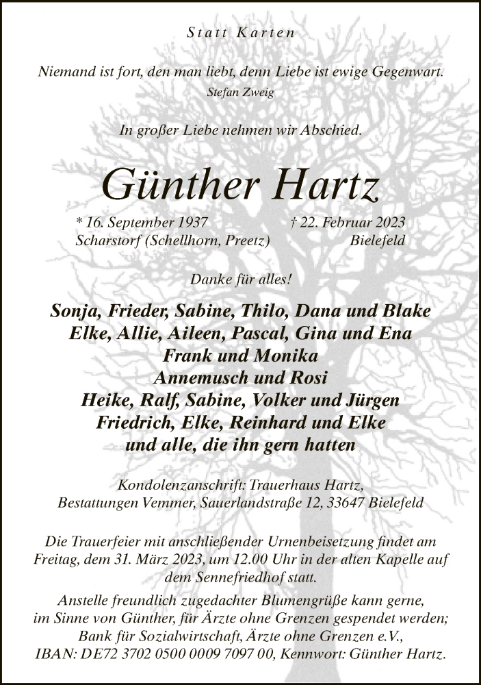  Traueranzeige für Günther Hartz vom 18.03.2023 aus Neue Westfälische