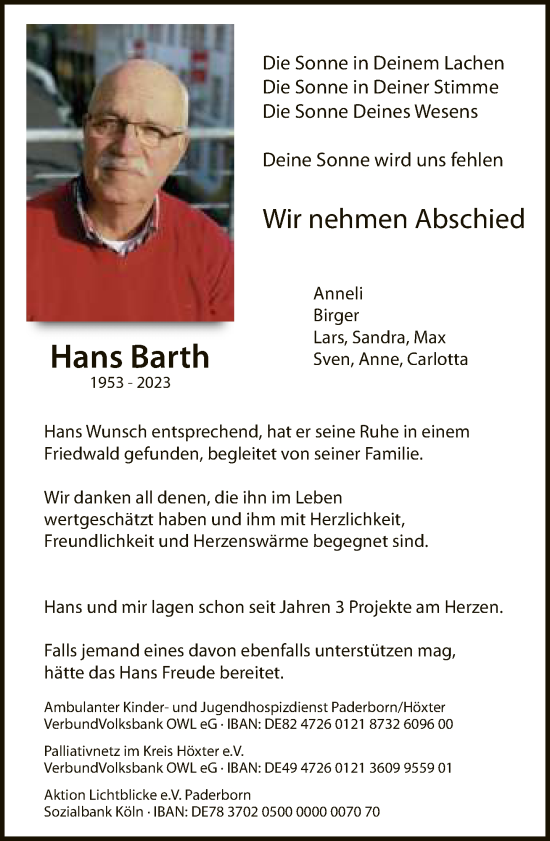 Traueranzeige von Hans Barth von Neue Westfälische