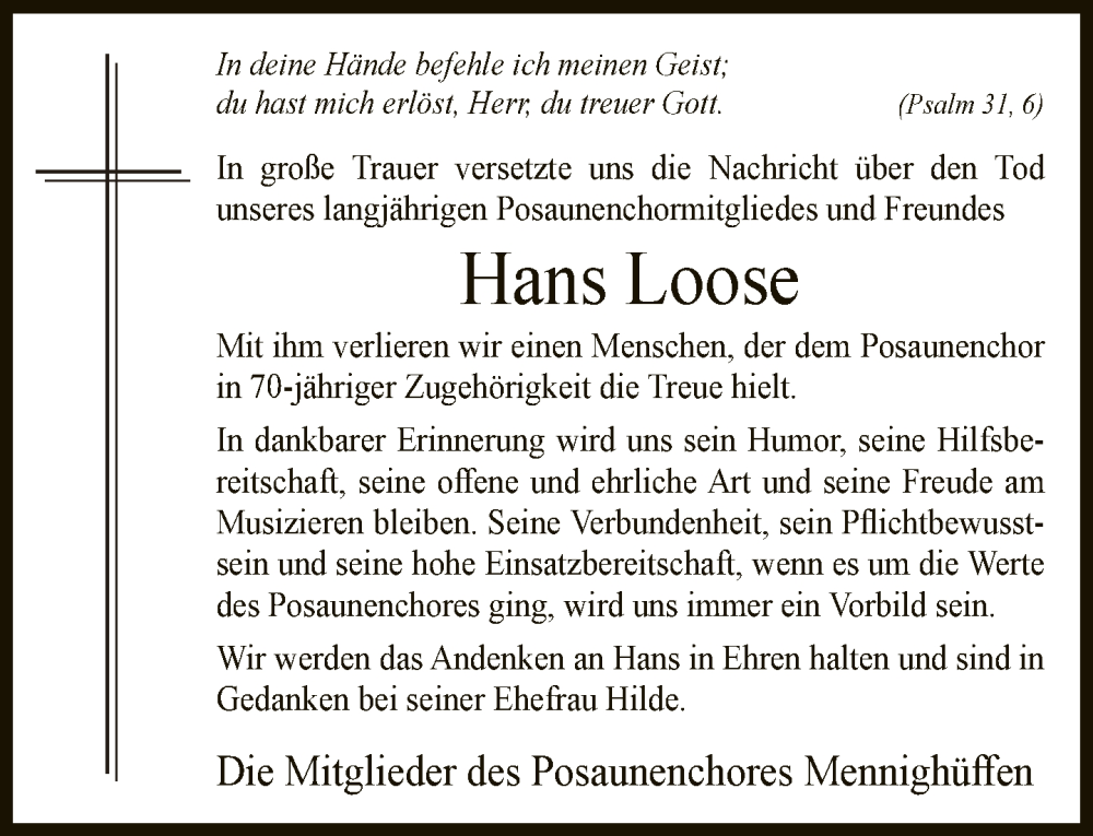  Traueranzeige für Hans Loose vom 21.03.2023 aus Neue Westfälische