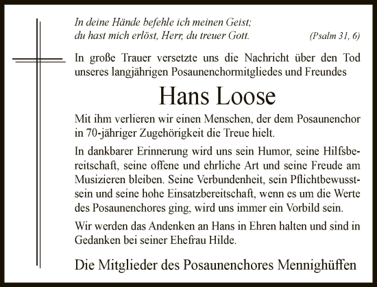 Traueranzeige von Hans Loose von Neue Westfälische