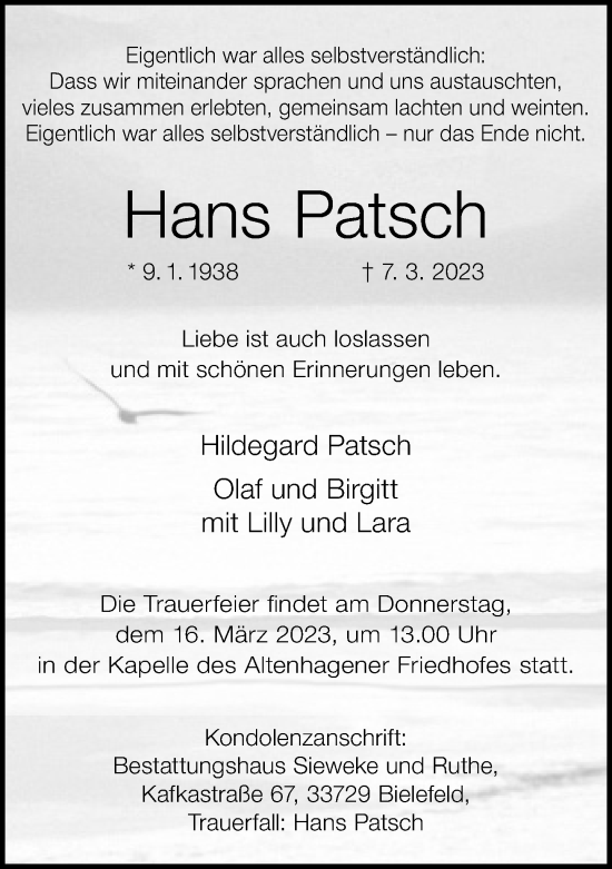 Traueranzeige von Hans Patsch