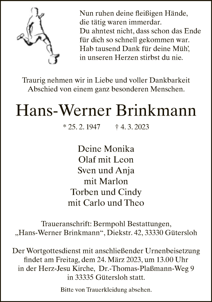  Traueranzeige für Hans-Werner Brinkmann vom 18.03.2023 aus Neue Westfälische
