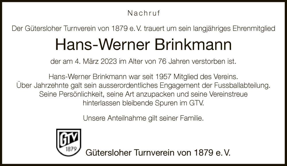  Traueranzeige für Hans-Werner Brinkmann vom 25.03.2023 aus Neue Westfälische