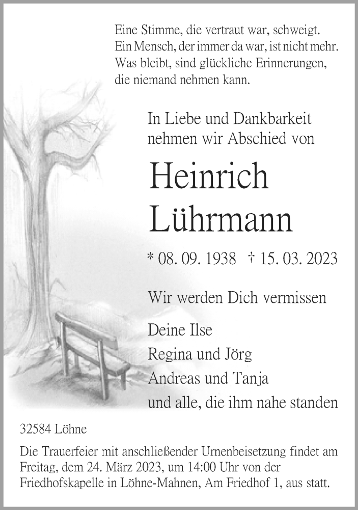  Traueranzeige für Heinrich Lührmann vom 18.03.2023 aus Neue Westfälische