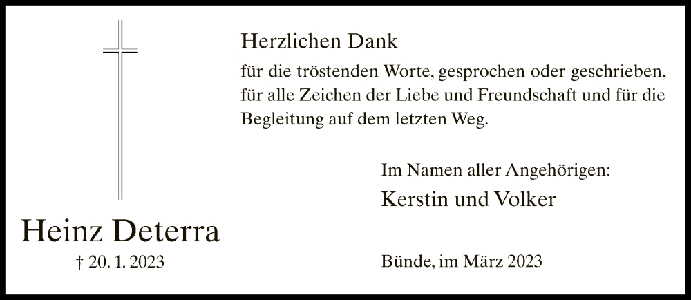  Traueranzeige für Heinz Deterra vom 18.03.2023 aus Neue Westfälische