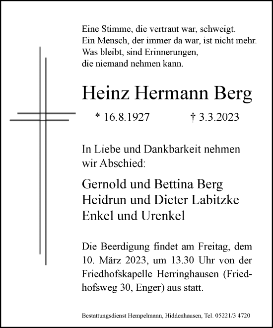 Traueranzeige von Heinz Hermann Berg von Neue Westfälische