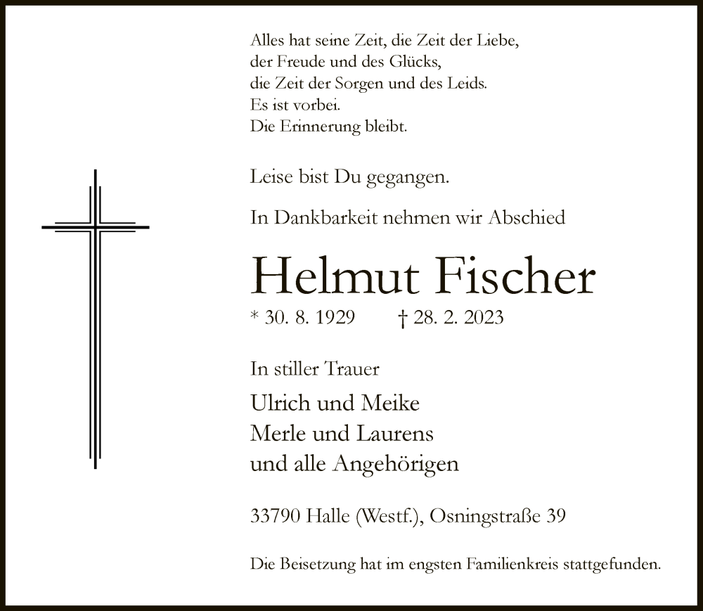  Traueranzeige für Helmut Fischer vom 18.03.2023 aus Neue Westfälische