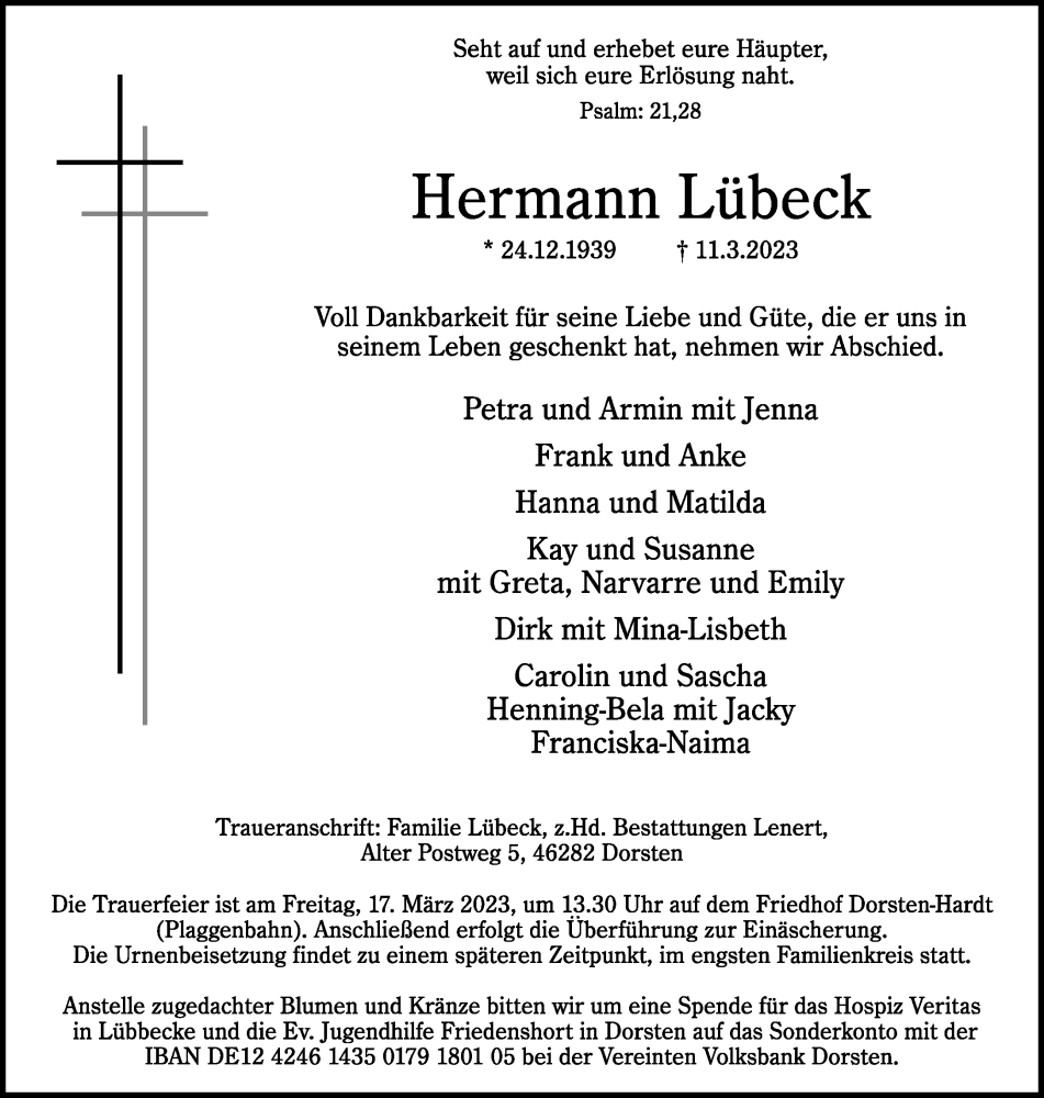  Traueranzeige für Hermann Lübeck vom 15.03.2023 aus Neue Westfälische