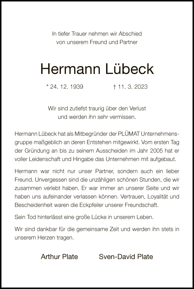  Traueranzeige für Hermann Lübeck vom 18.03.2023 aus Neue Westfälische