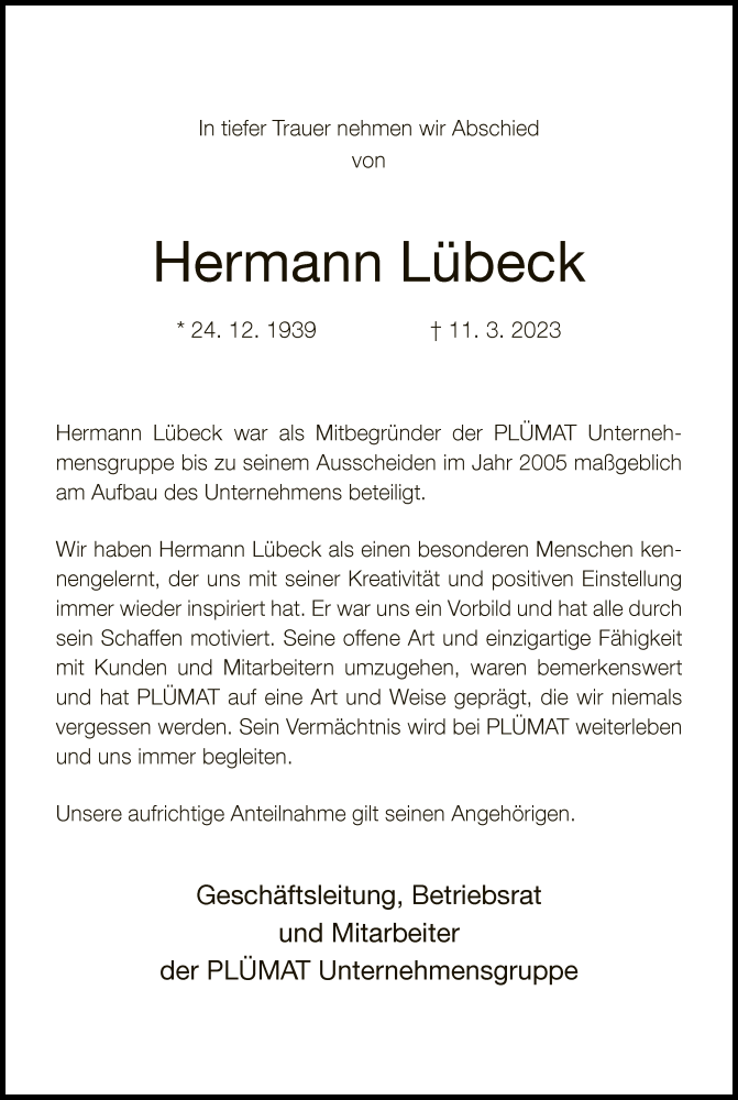  Traueranzeige für Hermann Lübeck vom 18.03.2023 aus Neue Westfälische