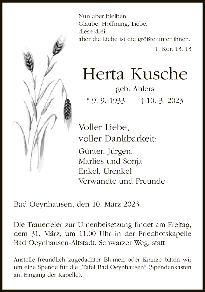  Traueranzeige für Herta Kusche vom 25.03.2023 aus Neue Westfälische
