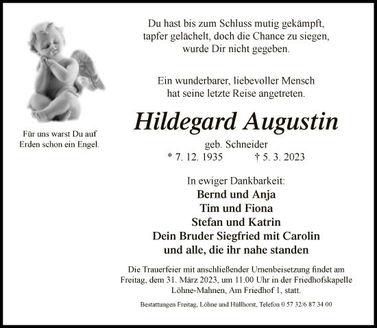 Traueranzeige von Hildegard Augustin von Neue Westfälische
