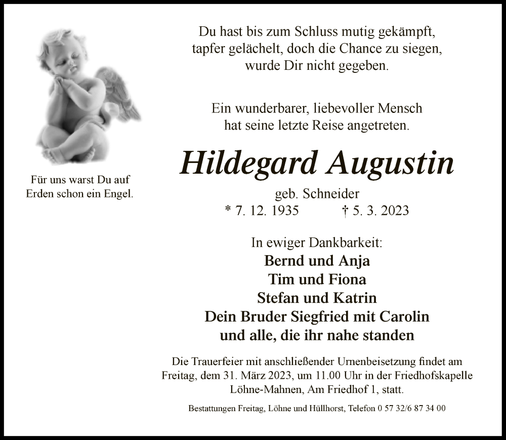  Traueranzeige für Hildegard Augustin vom 25.03.2023 aus Neue Westfälische