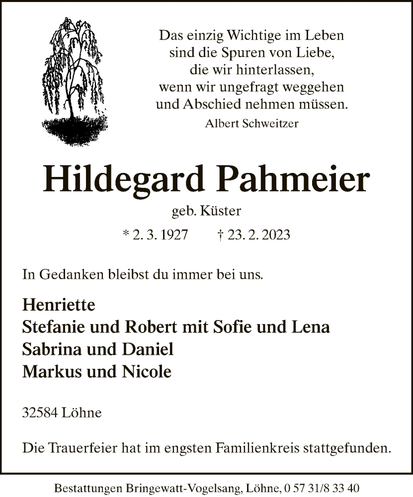  Traueranzeige für Hildegard Pahmeier vom 18.03.2023 aus Neue Westfälische