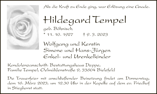 Traueranzeige von Hildegard Tempel von Neue Westfälische
