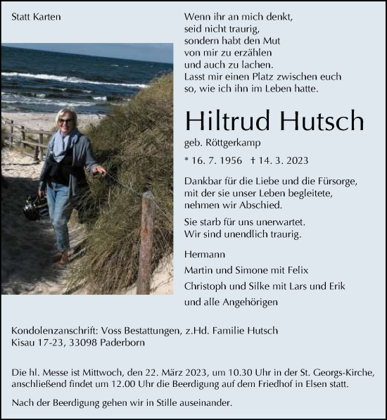 Traueranzeige von Hiltrud Hutsch von Neue Westfälische