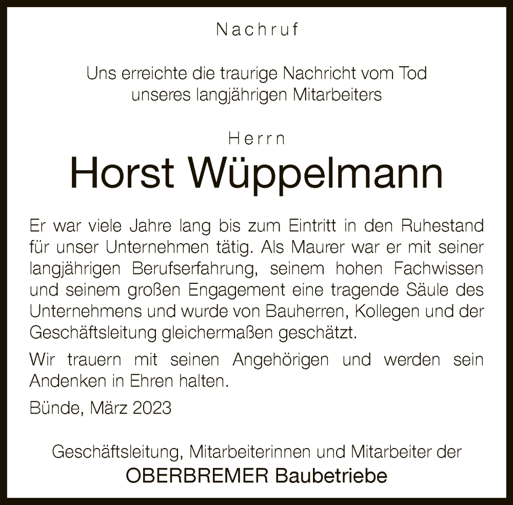 Traueranzeige für Horst Wüppelmann vom 18.03.2023 aus Neue Westfälische