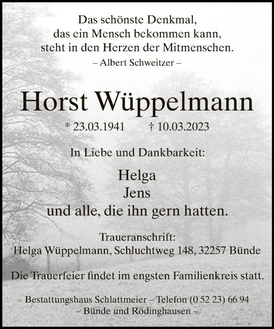 Traueranzeige von Horst Wüppelmann von Neue Westfälische