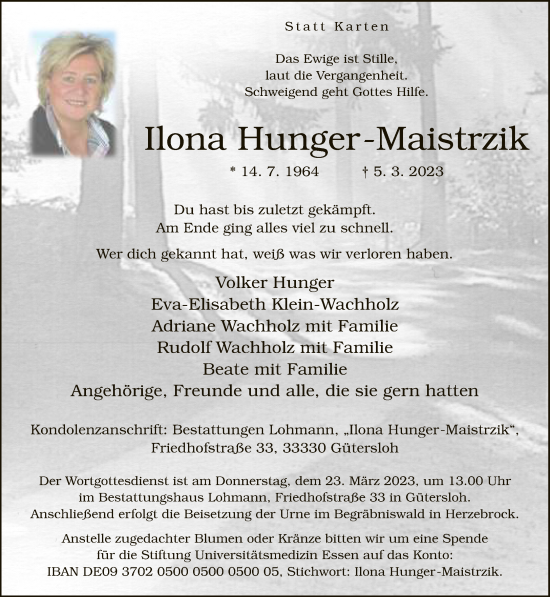 Traueranzeige von Ilona Hunger-Maistrzik von Neue Westfälische