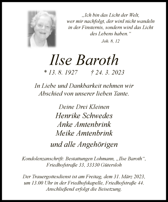 Traueranzeige von Ilse Baroth von Neue Westfälische