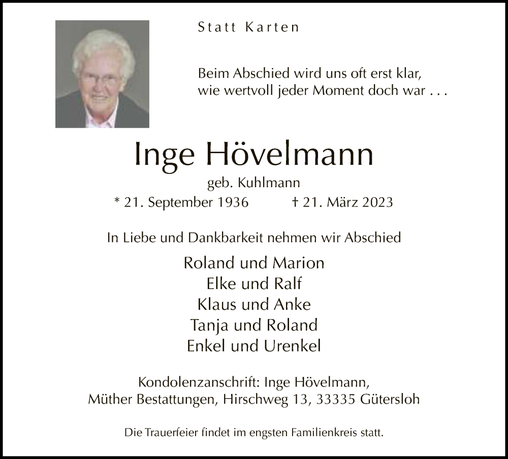  Traueranzeige für Inge Hövelmann vom 25.03.2023 aus Neue Westfälische