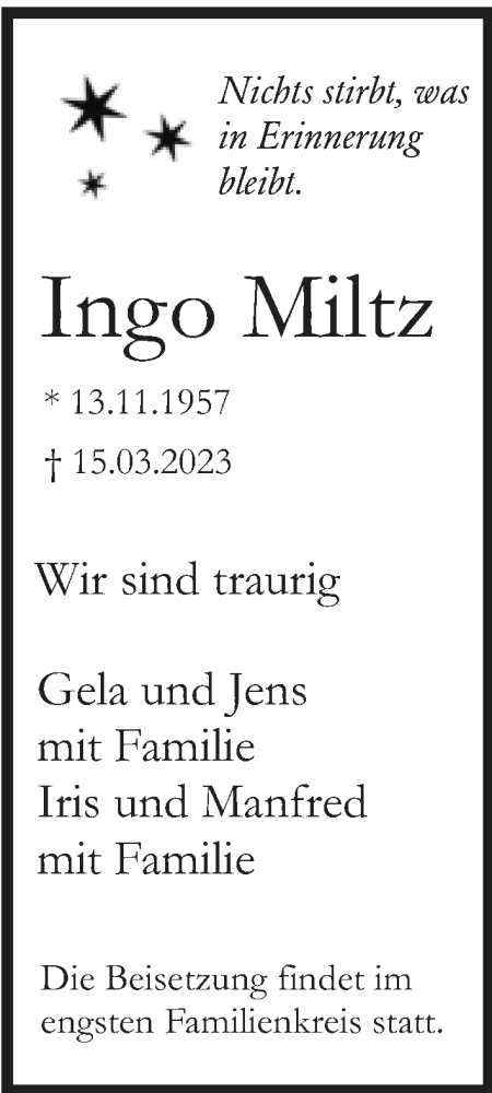  Traueranzeige für Ingo Miltz vom 17.03.2023 aus Neue Westfälische