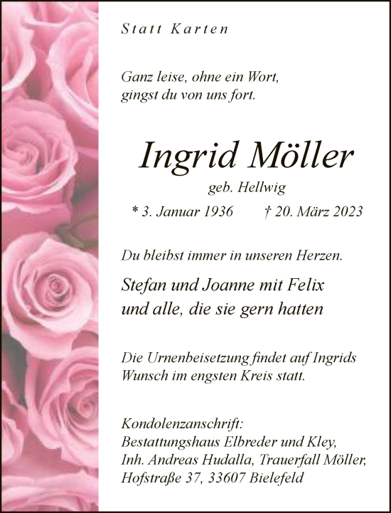 Traueranzeige von Ingrid Möller von Neue Westfälische