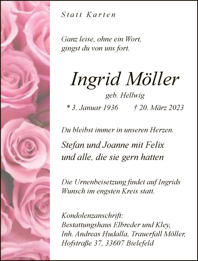  Traueranzeige für Ingrid Möller vom 25.03.2023 aus Neue Westfälische