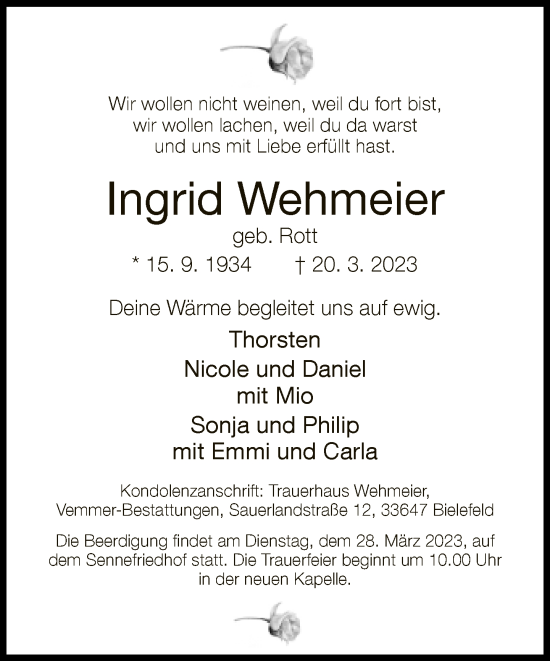 Traueranzeige von Ingrid Wehmeier von Neue Westfälische
