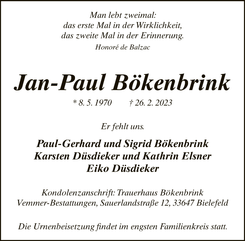  Traueranzeige für Jan-Paul Bökenbrink vom 04.03.2023 aus Neue Westfälische