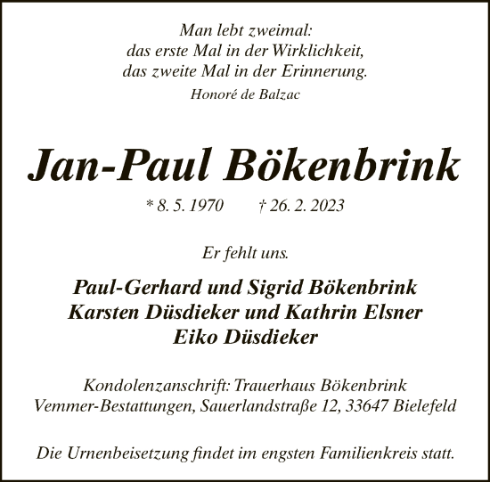 Traueranzeige von Jan-Paul Bökenbrink von Neue Westfälische