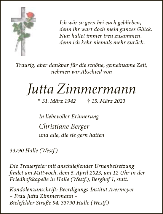 Traueranzeige von Jutta Zimmermann von Neue Westfälische