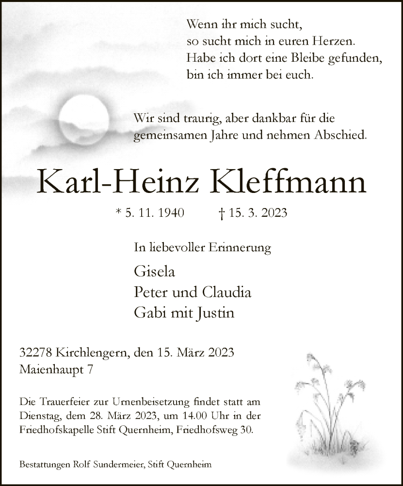  Traueranzeige für Karl-Heinz Kleffmann vom 18.03.2023 aus Neue Westfälische