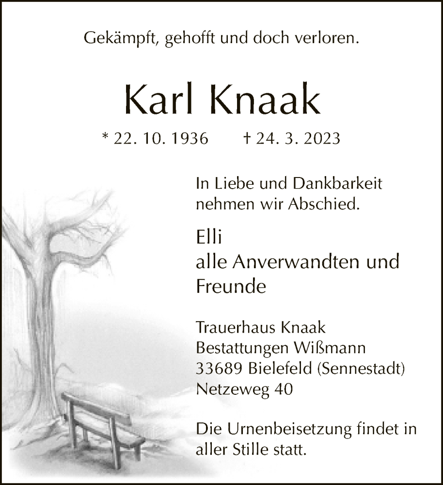  Traueranzeige für Karl Knaak vom 29.03.2023 aus Neue Westfälische