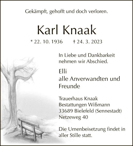 Traueranzeige von Karl Knaak von Neue Westfälische