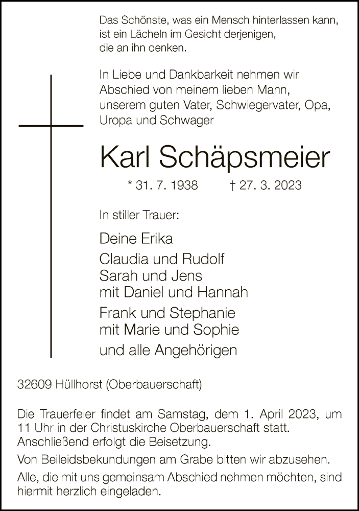  Traueranzeige für Karl Schäpsmeier vom 29.03.2023 aus Neue Westfälische