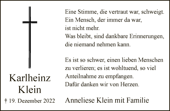 Traueranzeige von Karlheinz Klein von Neue Westfälische