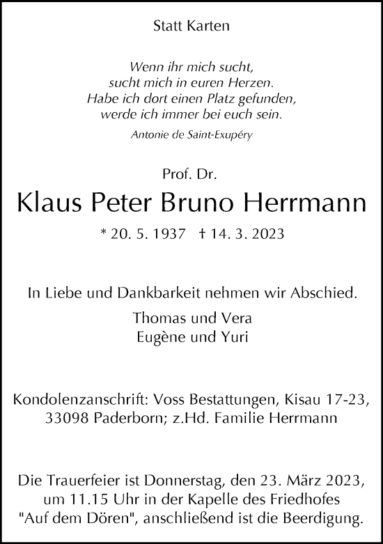 Traueranzeige von Klaus Peter Bruno Herrmann von Neue Westfälische