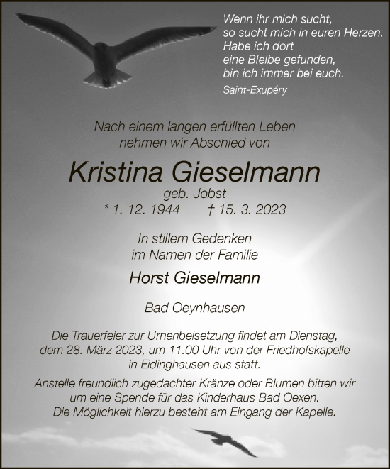 Traueranzeige von Kristina Gieselmann von Neue Westfälische
