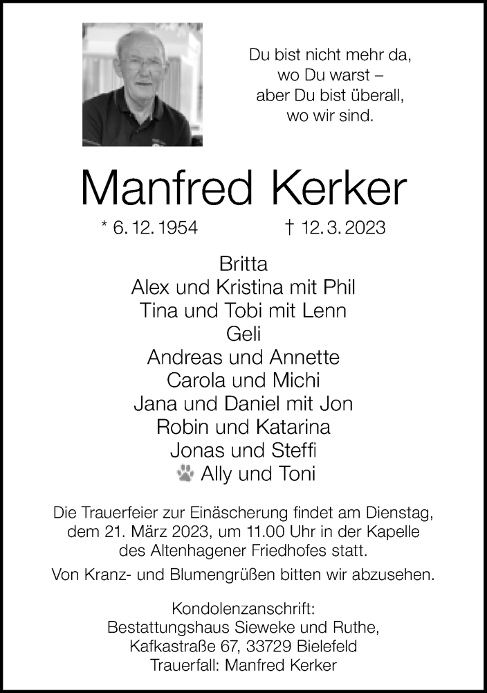  Traueranzeige für Manfred Kerker vom 15.03.2023 aus Neue Westfälische
