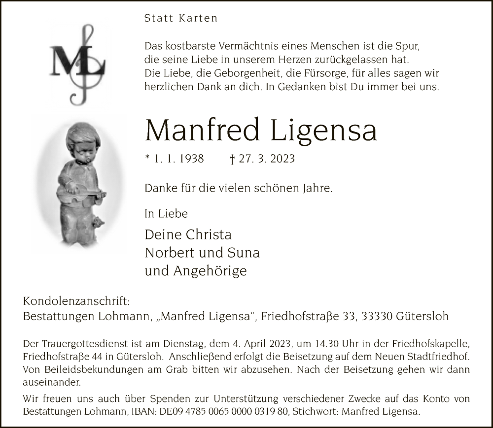  Traueranzeige für Manfred Ligensa vom 31.03.2023 aus Neue Westfälische