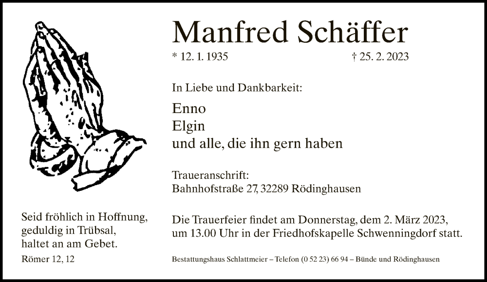  Traueranzeige für Manfred Schäffer vom 01.03.2023 aus Neue Westfälische