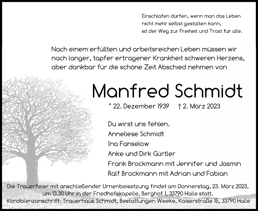  Traueranzeige für Manfred Schmidt vom 18.03.2023 aus Neue Westfälische