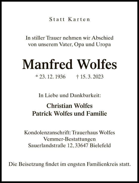 Traueranzeige von Manfred Wolfes von Neue Westfälische