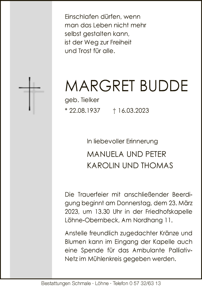  Traueranzeige für Margret Budde vom 21.03.2023 aus Neue Westfälische